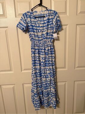 Blue & White Printed Maxi Dress with Smocked Waist